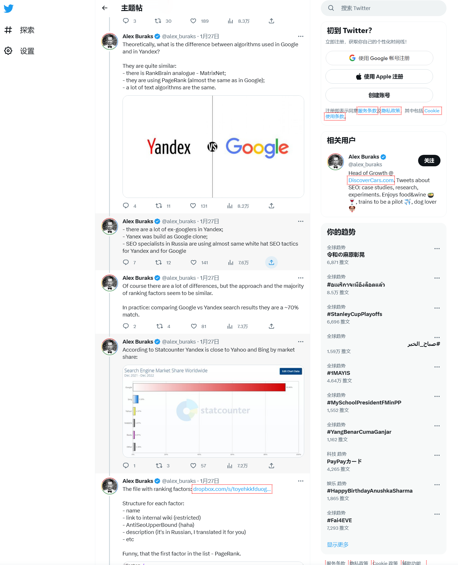 Alex Buraks分析Yandex 搜索引擎排名因子文档推特内容截图 - 2