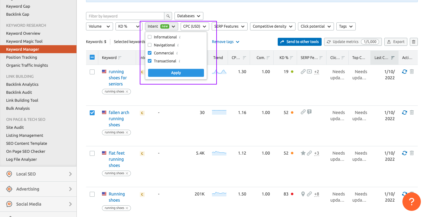 semrush 关键字管理器工具中搜索意图功能的屏幕截图